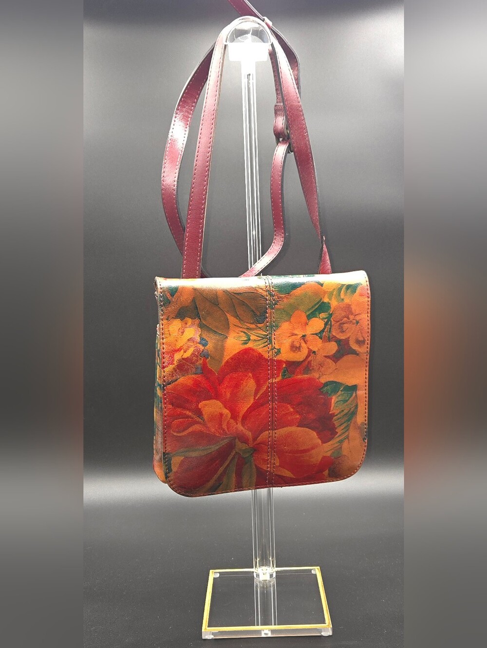 Patricia Nash Vintage Floral Italian Leather Flap Crossbody Bag Red Orange